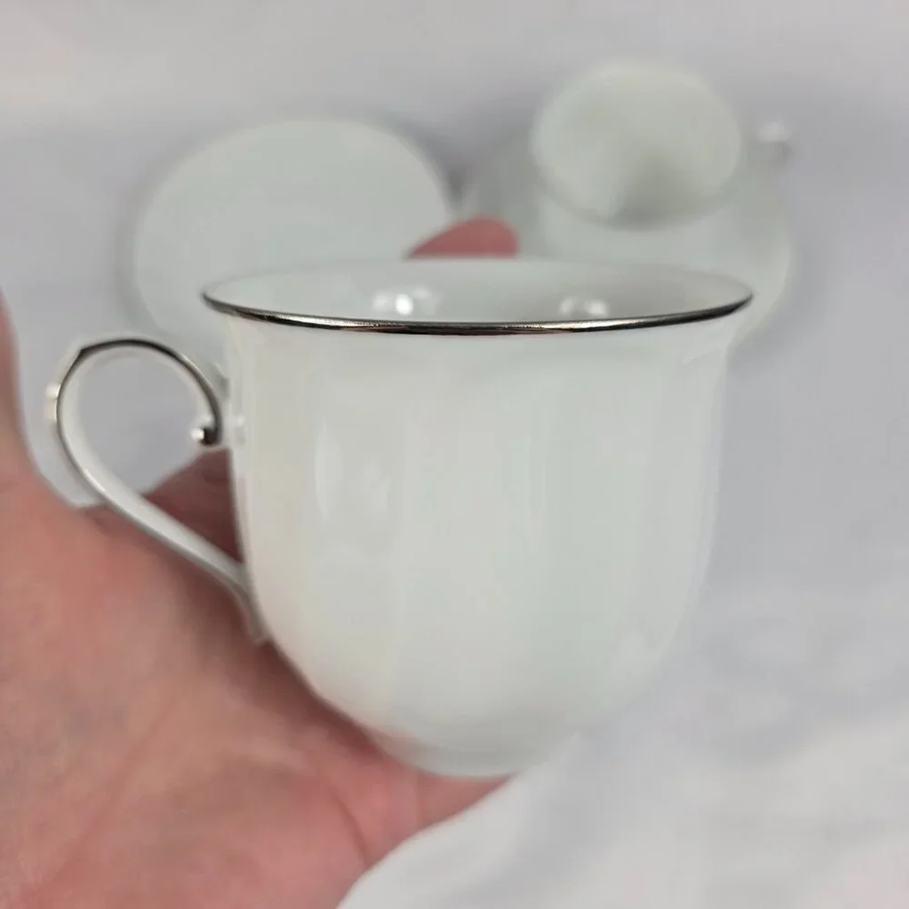 TWO (2) Mikasa Wedding Band Platinum Cup & Saucer Sets White Swirl Platinum Trim
